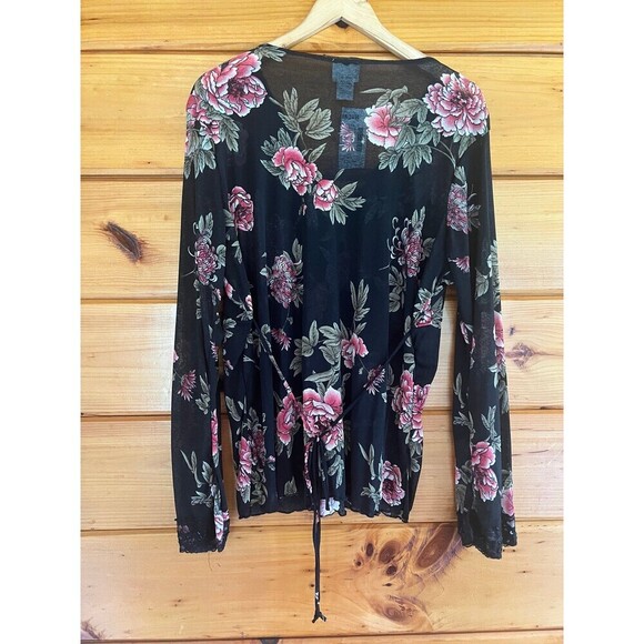 VTG Womens Sequin Stretchy Floral Shirt 18/20 Black Y2K  V-Neck Roses - Picture 4 of 4